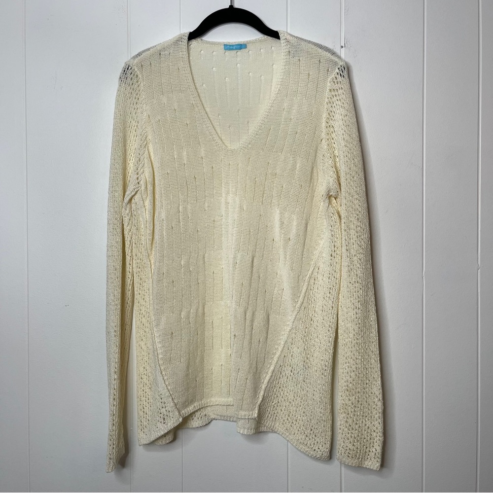 J. McLaughlin Cream V-Neck Sweater Open Knit Nautical Long Sleeve Size L